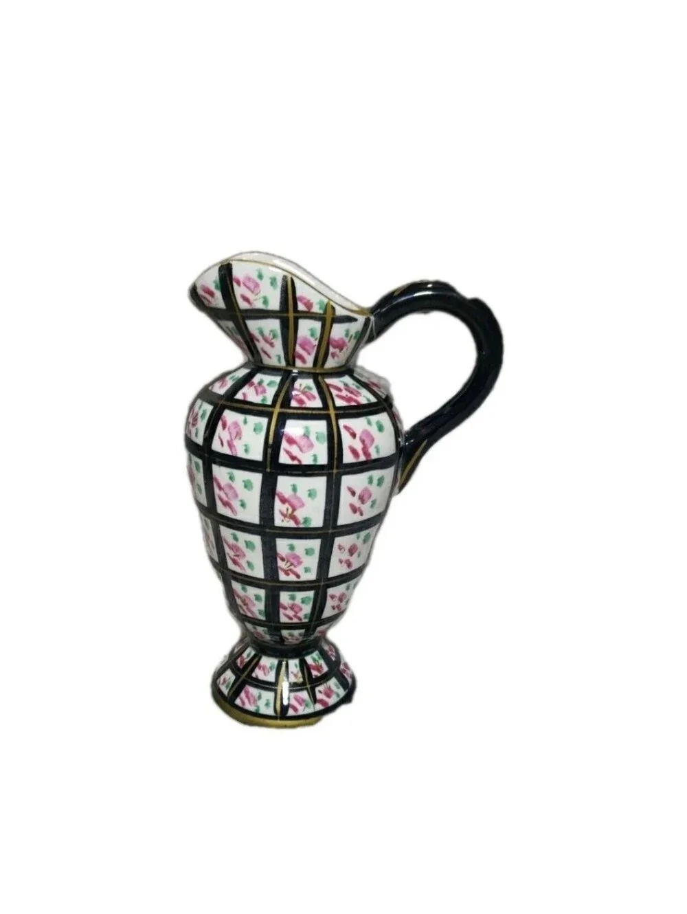 Vtg Handpainted Black Gold Floral Checkered Pitcher Vase